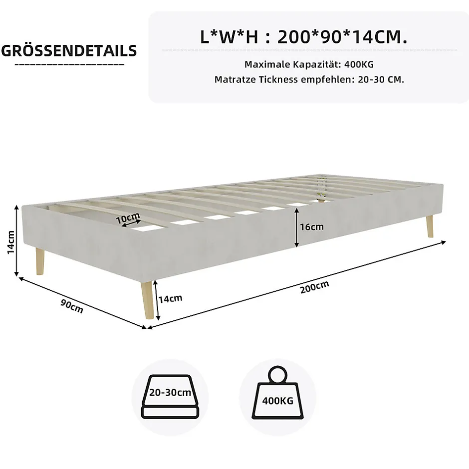 Okwish Lit Simple Enfant 90x200 cm - sans Tête de Lit, Revêtement en Velours et Cadre Bas, Composite et Métal, sans Matelas, Beige