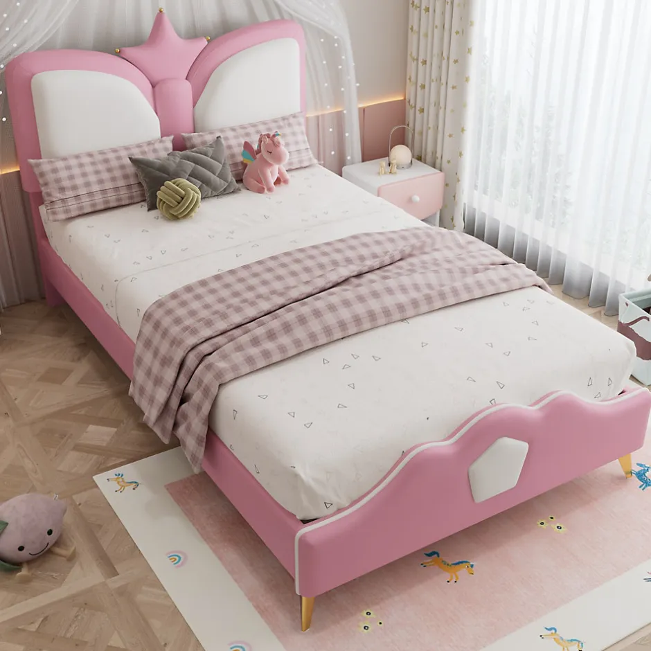 Enfant Okwish Lit Simple Enfant 90x200 cm, Tête de Lit Forme Couronne et Bordures Anti-Chocs, PU Mousse Contreplaqué, Sans Matelas, Rose/Blanc