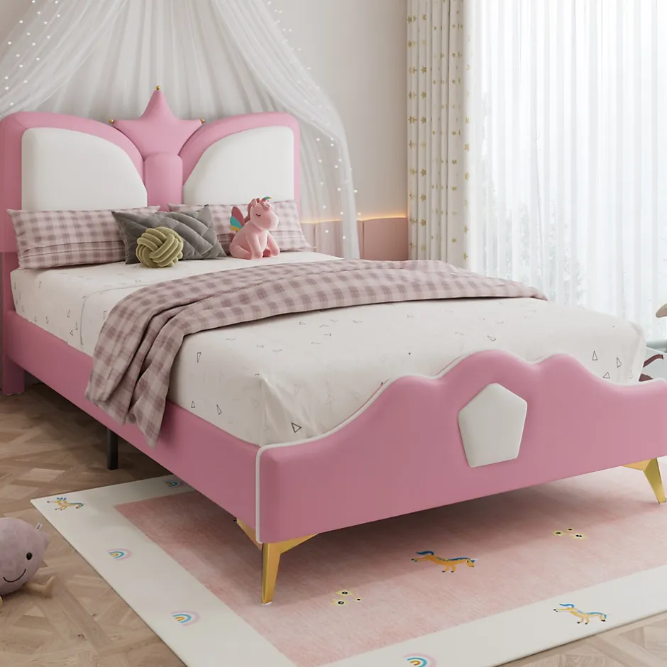 Enfant Okwish Lit Simple Enfant 90x200 cm, Tête de Lit Forme Couronne et Bordures Anti-Chocs, PU Mousse Contreplaqué, Sans Matelas, Rose/Blanc