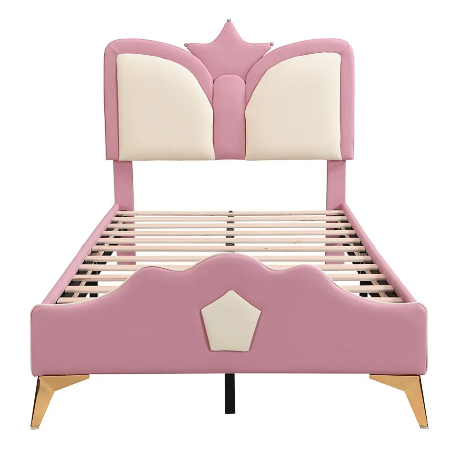 Enfant Okwish Lit Simple Enfant 90x200 cm, Tête de Lit Forme Couronne et Bordures Anti-Chocs, PU Mousse Contreplaqué, Sans Matelas, Rose/Blanc