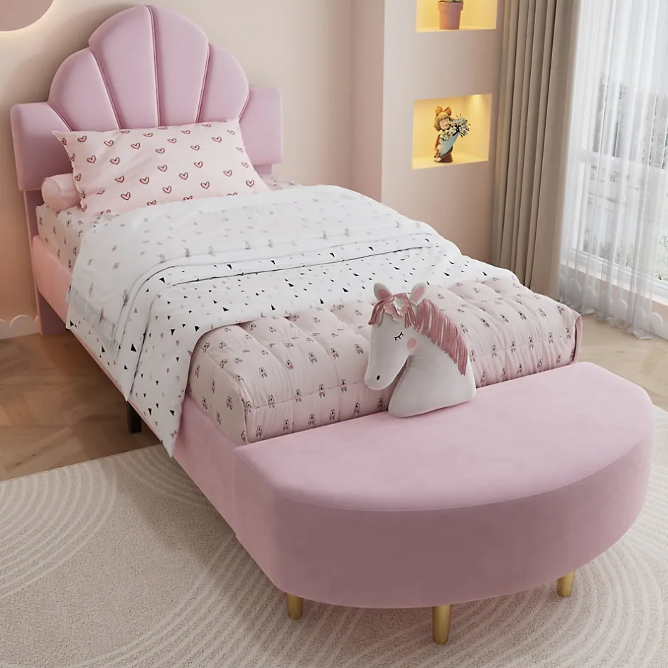 Enfant Okwish Lit Simple Enfant 90x200 cm, Tête de Lit Velours, Banc de Bout de Lit, Mousse Anti-Chocs, Contreplaqué, Sans Matelas, Rose