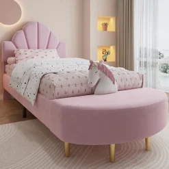 Enfant Okwish Lit Simple Enfant 90x200 cm, Tête de Lit Velours, Banc de Bout de Lit, Mousse Anti-Chocs, Contreplaqué, Sans Matelas, Rose