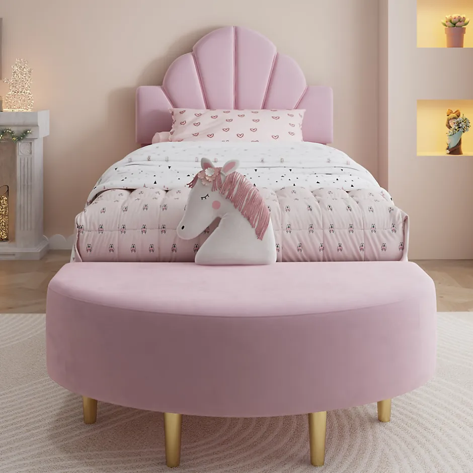 Enfant Okwish Lit Simple Enfant 90x200 cm, Tête de Lit Velours, Banc de Bout de Lit, Mousse Anti-Chocs, Contreplaqué, Sans Matelas, Rose