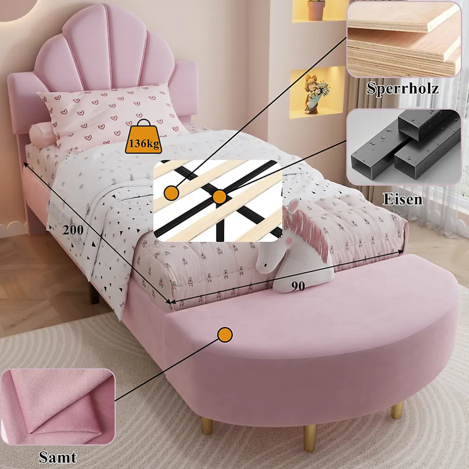 Enfant Okwish Lit Simple Enfant 90x200 cm, Tête de Lit Velours, Banc de Bout de Lit, Mousse Anti-Chocs, Contreplaqué, Sans Matelas, Rose