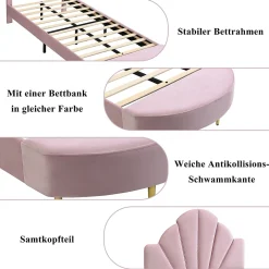 Enfant Okwish Lit Simple Enfant 90x200 cm, Tête de Lit Velours, Banc de Bout de Lit, Mousse Anti-Chocs, Contreplaqué, Sans Matelas, Rose