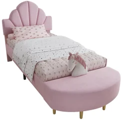 Enfant Okwish Lit Simple Enfant 90x200 cm, Tête de Lit Velours, Banc de Bout de Lit, Mousse Anti-Chocs, Contreplaqué, Sans Matelas, Rose
