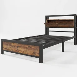 Urban Meuble Lit simple industriel avec tête de lit rangement bois noyer 90x200cm