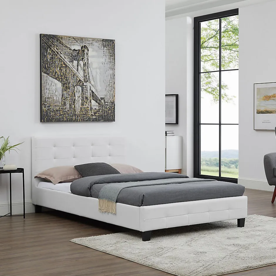 Idimex Lit simple MARLON, 120 x 190 cm, capitonné avec sommier, revêtement synthétique blanc