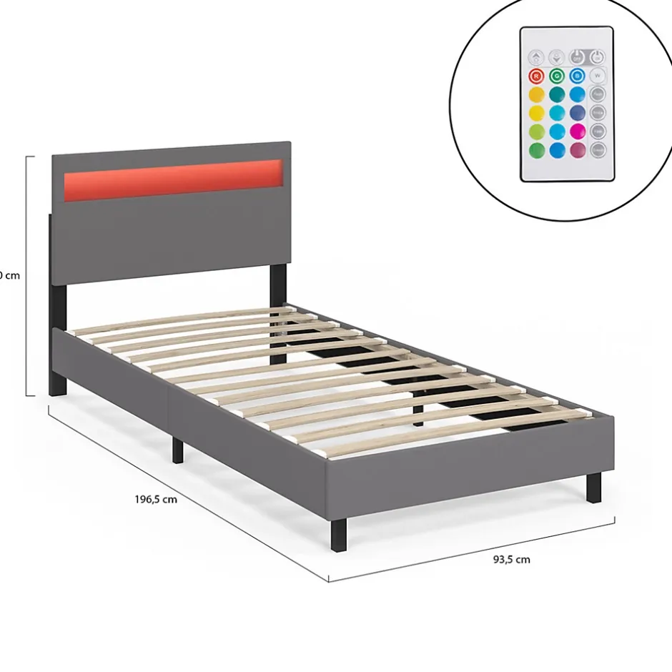 IDMarket Lit simple NEO avec tête de lit LED intégrées et sommier 90 x 190 cm PVC gris Best