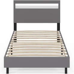 IDMarket Lit simple NEO avec tête de lit LED intégrées et sommier 90 x 190 cm PVC gris Best