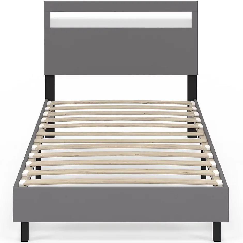 IDMarket Lit simple NEO avec tête de lit LED intégrées et sommier 90 x 190 cm PVC gris Best