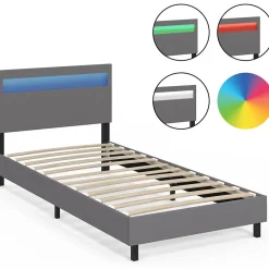 IDMarket Lit simple NEO avec tête de lit LED intégrées et sommier 90 x 190 cm PVC gris Best