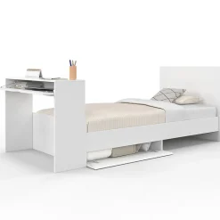 IDMarket Lit simple OMAHA 90 x 190 cm avec sommier, tête de lit, bureau et rangements blanc Clearance