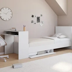 IDMarket Lit simple OMAHA 90 x 190 cm avec sommier, tête de lit, bureau et rangements blanc Clearance