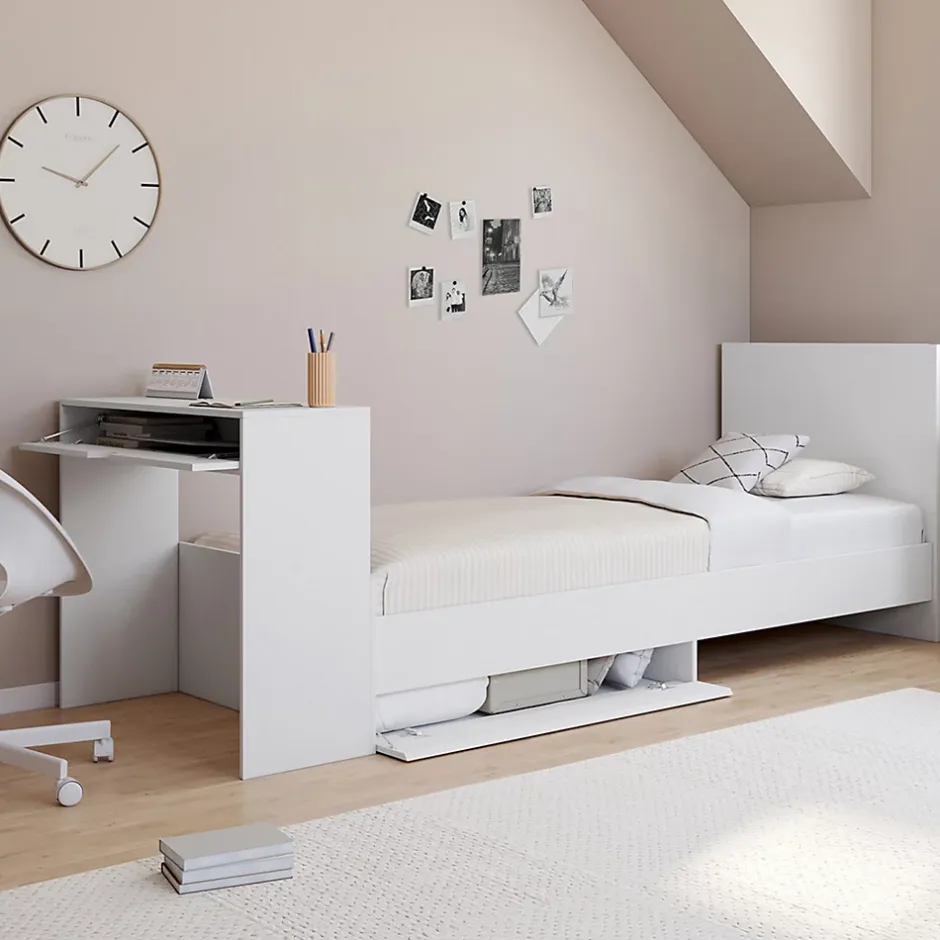 IDMarket Lit simple OMAHA 90 x 190 cm avec sommier, tête de lit, bureau et rangements blanc Clearance