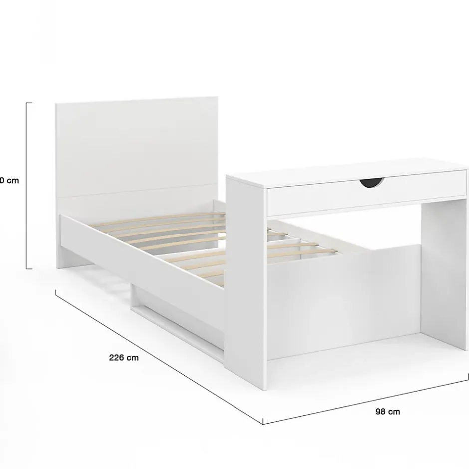 IDMarket Lit simple OMAHA 90 x 190 cm avec sommier, tête de lit, bureau et rangements blanc Clearance
