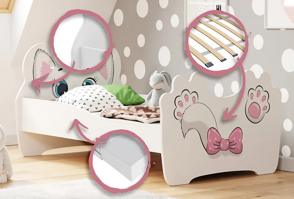 Enfant Kobi Lit simple Pink Cat 140x70 avec matelas