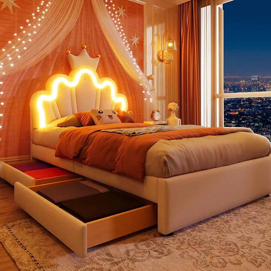 Okwish Lit Simple pour enfant 90 x 200 cm - Lit avec 2 Rangements - PU + MDF - Sans Matelas - Blanc Clearance