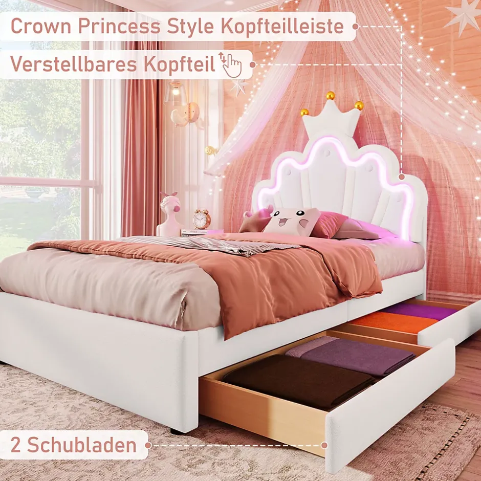 Okwish Lit Simple pour enfant 90 x 200 cm - Lit avec 2 Rangements - PU + MDF - Sans Matelas - Blanc Clearance