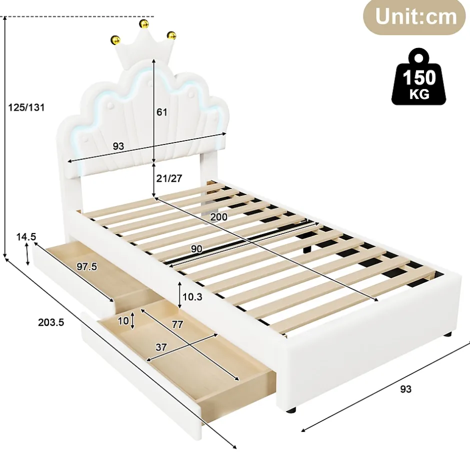 Okwish Lit Simple pour enfant 90 x 200 cm - Lit avec 2 Rangements - PU + MDF - Sans Matelas - Blanc Clearance