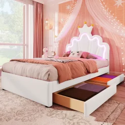 Okwish Lit Simple pour enfant 90 x 200 cm - Lit avec 2 Rangements - PU + MDF - Sans Matelas - Blanc Clearance