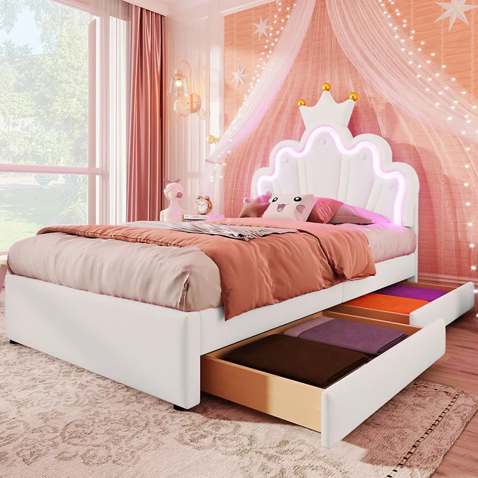 Okwish Lit Simple pour enfant 90 x 200 cm - Lit avec 2 Rangements - PU + MDF - Sans Matelas - Blanc Clearance