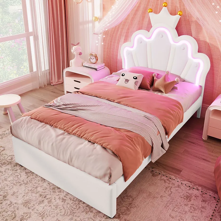 Okwish Lit Simple pour enfant 90 x 200 cm - Lit avec 2 Rangements - PU + MDF - Sans Matelas - Blanc Clearance
