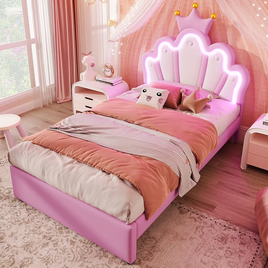 Okwish Lit Simple pour enfant 90 x 200 cm - Lit avec 2 Rangements - PU + MDF - Sans Matelas - Rose