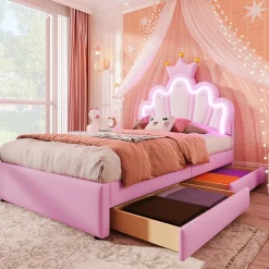 Okwish Lit Simple pour enfant 90 x 200 cm - Lit avec 2 Rangements - PU + MDF - Sans Matelas - Rose