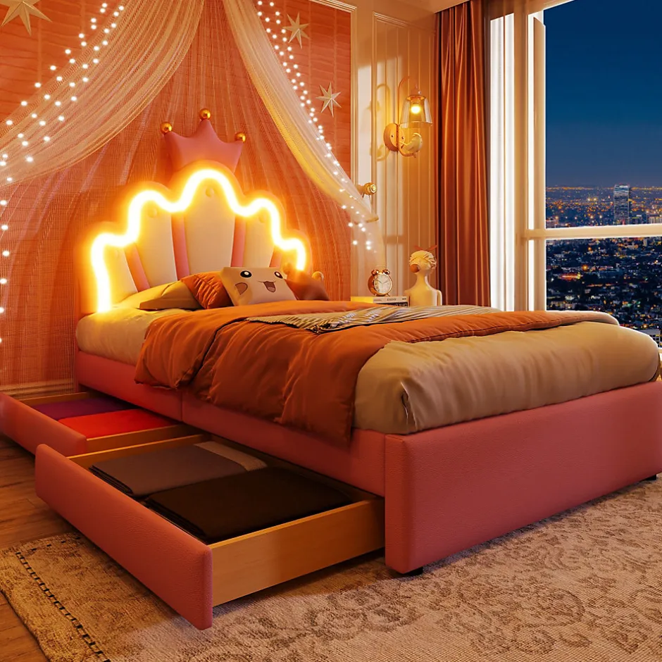 Okwish Lit Simple pour enfant 90 x 200 cm - Lit avec 2 Rangements - PU + MDF - Sans Matelas - Rose