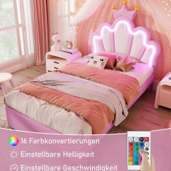 Okwish Lit Simple pour enfant 90 x 200 cm - Lit avec 2 Rangements - PU + MDF - Sans Matelas - Rose