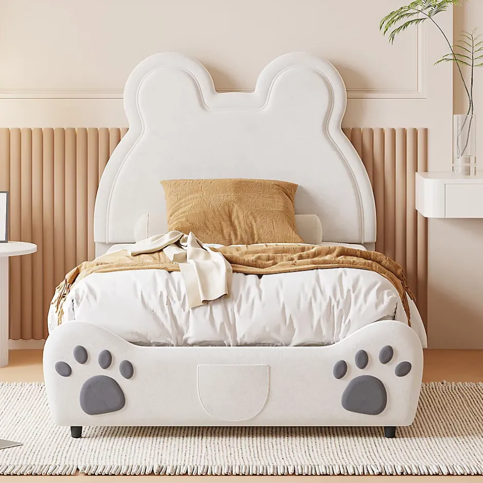 Okwish Lit simple pour enfant 90x200 cm - Lit capitonné en forme d'ours - Velours + Métal + MDF - Sans matelas - Blanc Clearance