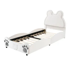 Okwish Lit simple pour enfant 90x200 cm - Lit capitonné en forme d'ours - Velours + Métal + MDF - Sans matelas - Blanc Clearance