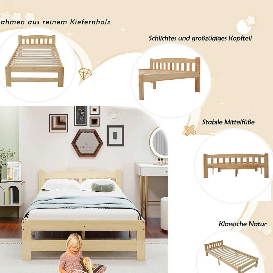 Enfant Okwish Lit simple pour enfant 90x200 cm - Lit classique avec tête de lit et sommier à lattes - Pin - Sans matelas - Naturel