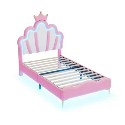 Okwish Lit simple pour enfant 90x200 cm - Lit enfant avec bande lumineuse LED - MDF + Cuir synthétique + Métal - Sans matelas - Rose Best