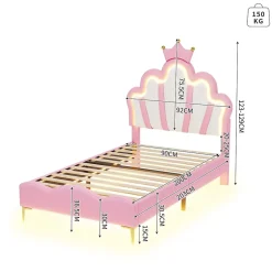 Okwish Lit simple pour enfant 90x200 cm - Lit enfant avec bande lumineuse LED - MDF + Cuir synthétique + Métal - Sans matelas - Rose Best