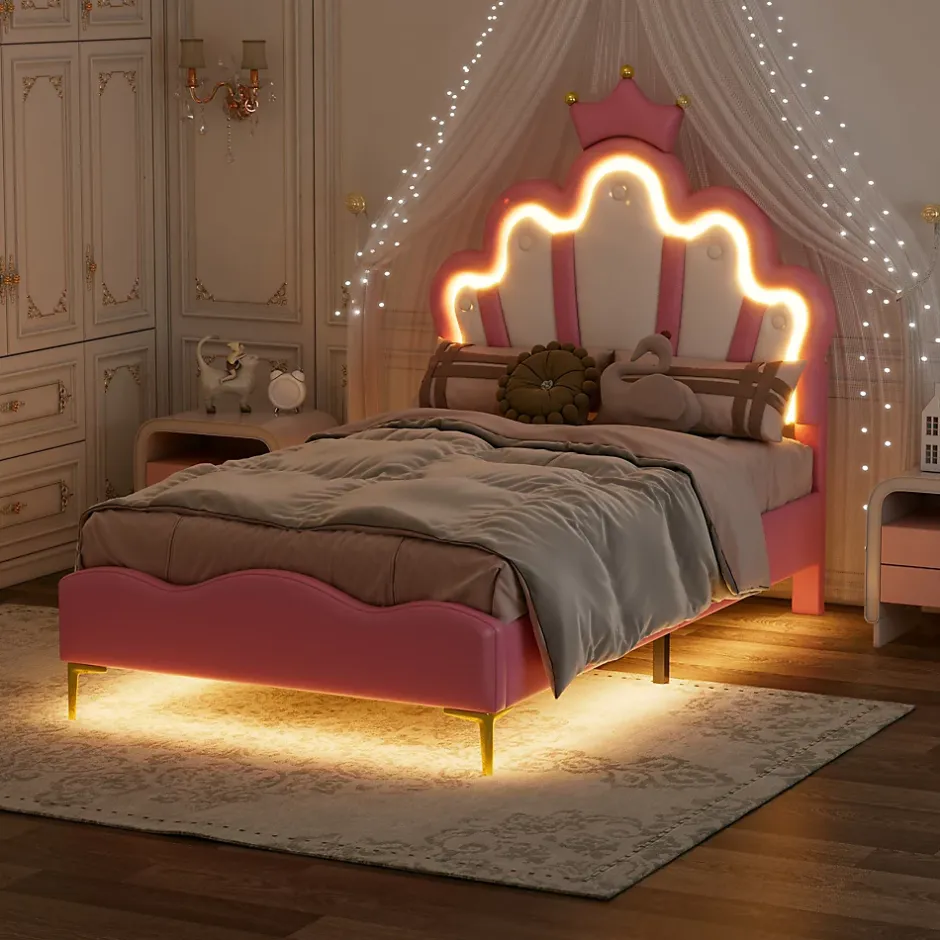 Okwish Lit simple pour enfant 90x200 cm - Lit enfant avec bande lumineuse LED - MDF + Cuir synthétique + Métal - Sans matelas - Rose Best