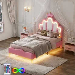 Okwish Lit simple pour enfant 90x200 cm - Lit enfant avec bande lumineuse LED - MDF + Cuir synthétique + Métal - Sans matelas - Rose Best