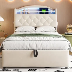 Redom Lit simple rembourré 90 sur 200 en velours avec LED port USB et rangement multifonctionnel couleur beige Best