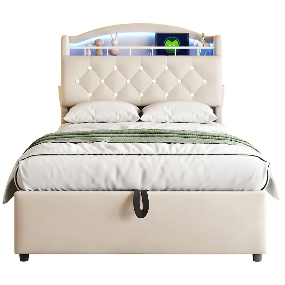 Redom Lit simple rembourré 90 sur 200 en velours avec LED port USB et rangement multifonctionnel couleur beige Best