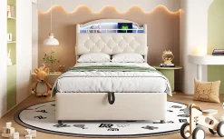 Redom Lit simple rembourré 90 sur 200 en velours avec LED port USB et rangement multifonctionnel couleur beige Best