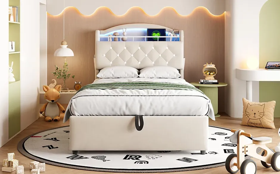 Redom Lit simple rembourré 90 sur 200 en velours avec LED port USB et rangement multifonctionnel couleur beige Best