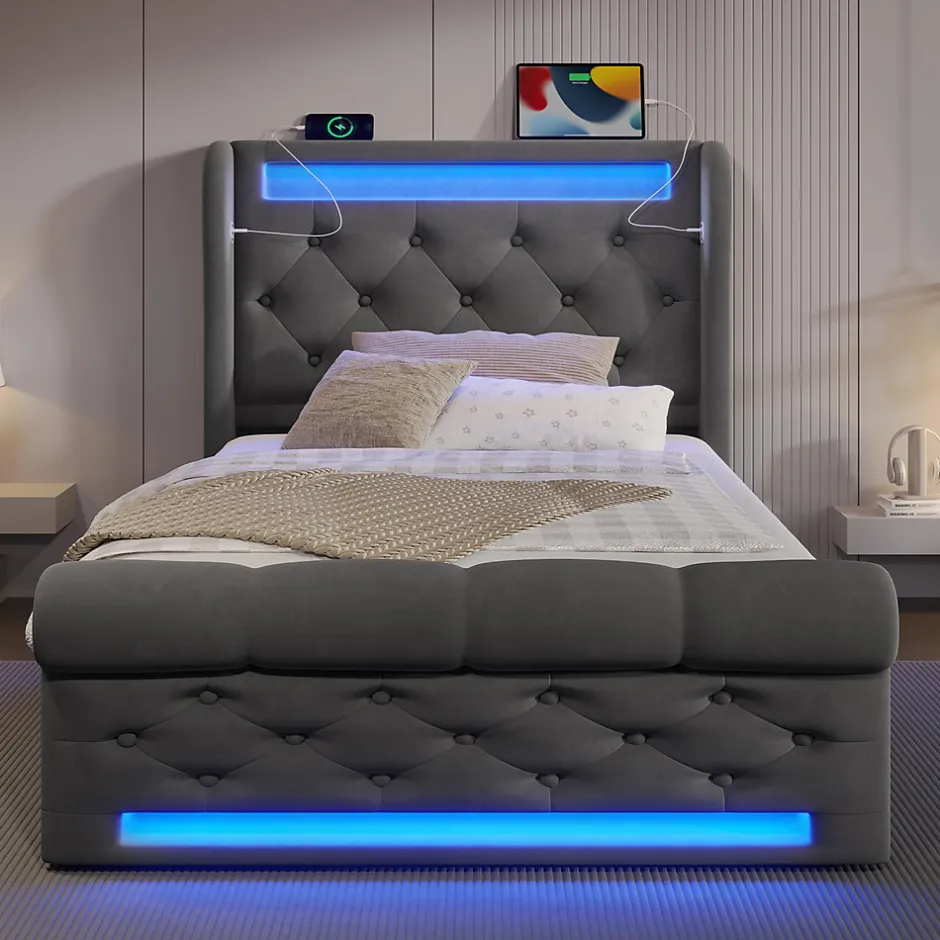 Seyakany Lit simple rembourré avec éclairage LED,ports USB et Type-C,lit coffre hydraulique,cadre de lit 90x200cm,velours,gris
