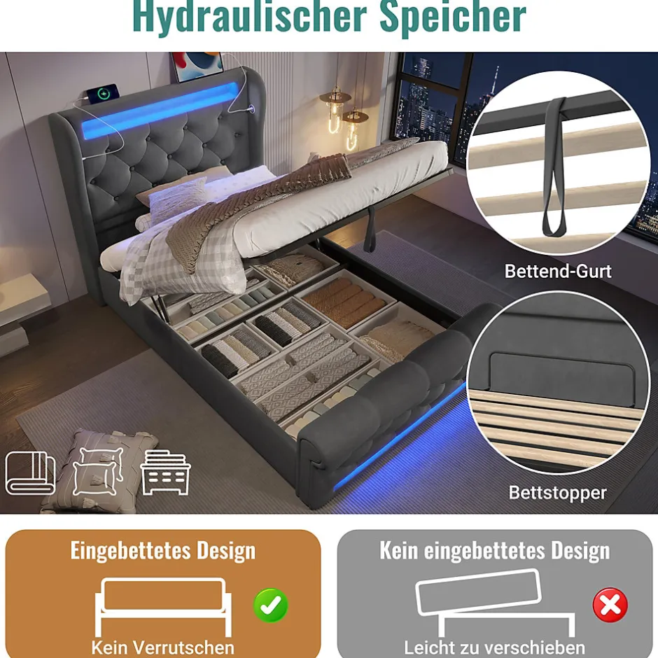 Seyakany Lit simple rembourré avec éclairage LED,ports USB et Type-C,lit coffre hydraulique,cadre de lit 90x200cm,velours,gris