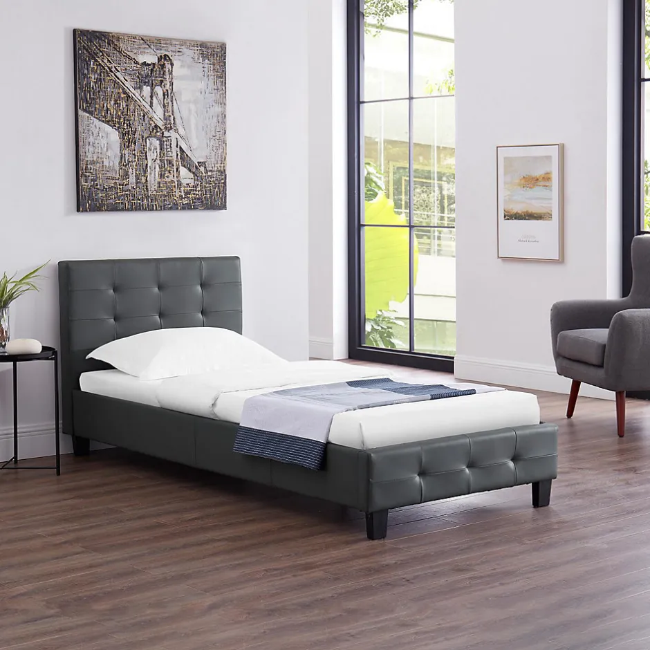 Idimex Lit simple REVE, 90 x 190 cm, capitonné avec sommier, revêtement synthétique gris