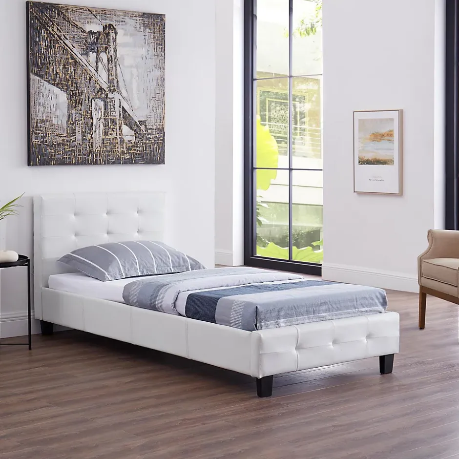 Idimex Lit simple REVE, 90 x 190 cm, capitonné avec sommier, revêtement synthétique blanc Sale