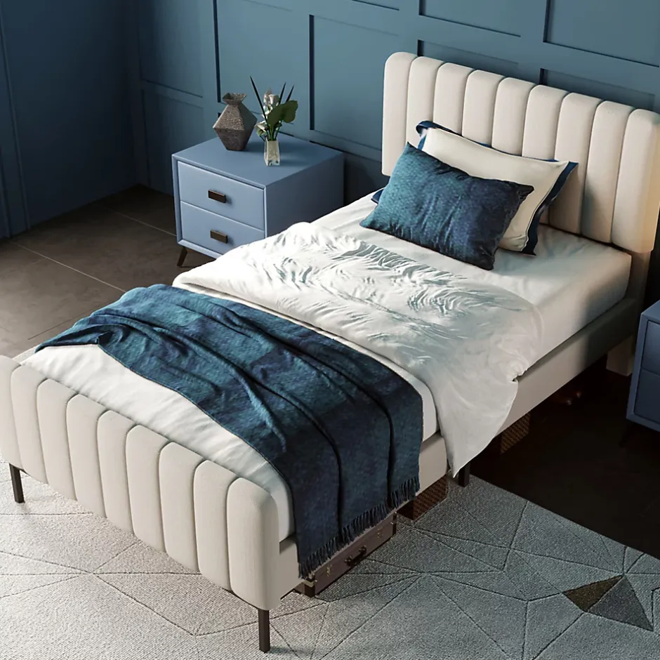 Okwish Lit simple 90x200 - Lit rembourré avec cadre en bois et métal - Lin - Sans Matelas - Beige Hot
