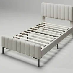 Okwish Lit simple 90x200 - Lit rembourré avec cadre en bois et métal - Lin - Sans Matelas - Beige Hot