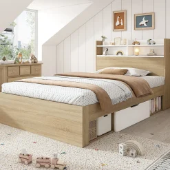 Okwish Lit Simple 90x190 cm - 2 Tiroirs et Étagères, Tête de Lit avec Rangement, en Bois Partiel Massif - Sans Matelas - Blanc