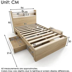 Okwish Lit Simple 90x190 cm - 2 Tiroirs et Étagères, Tête de Lit avec Rangement, en Bois Partiel Massif - Sans Matelas - Blanc